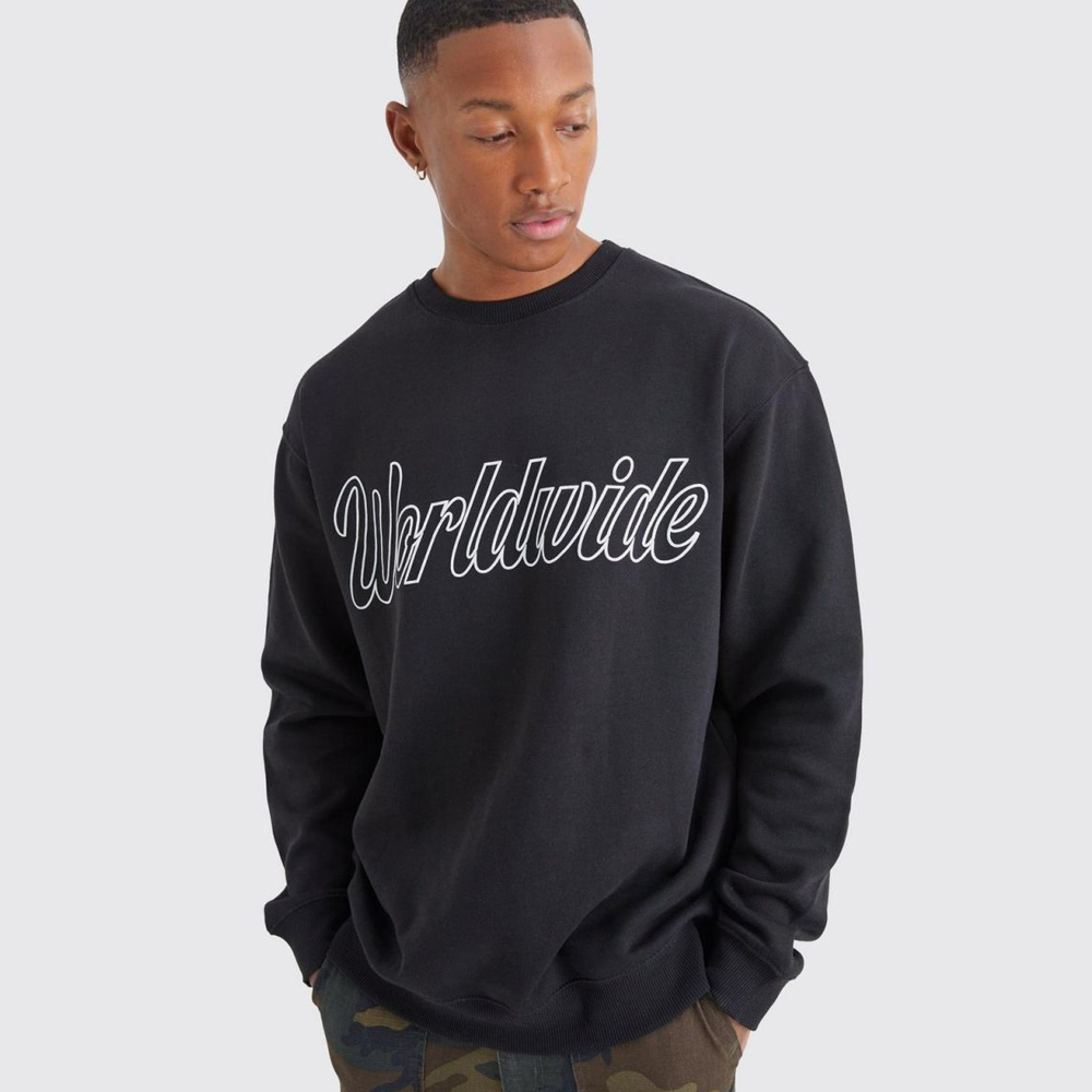 Oversized Worldwide Puff Print Sweatshirt – Black